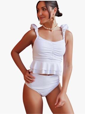 Women Tankini Ruched Swimsuit White,X-Large